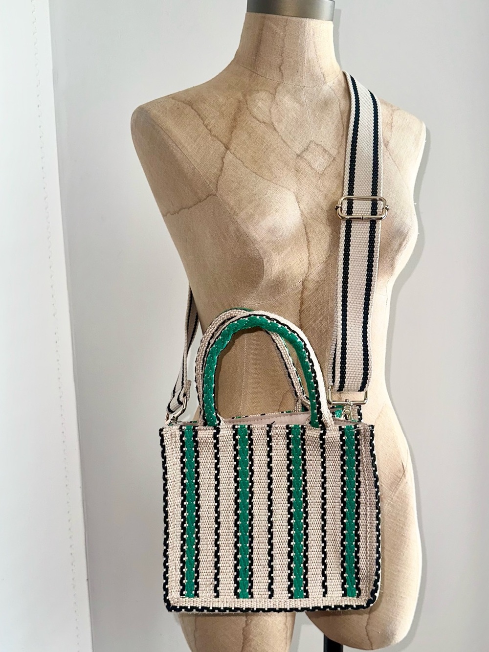 H&M Green, Cream & Black Woven Mini Tote with Striped Strap